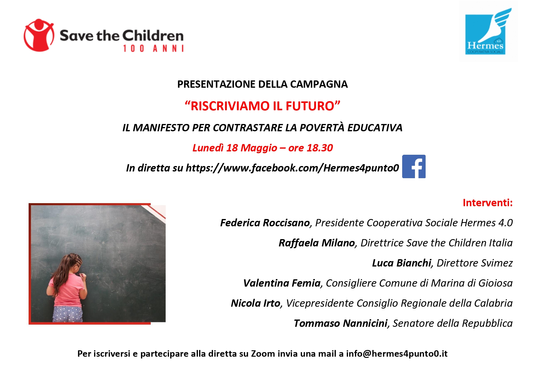 Cooperativa sociale Hermes 4.0, lunedì la presentazione del Manifesto di Save the children