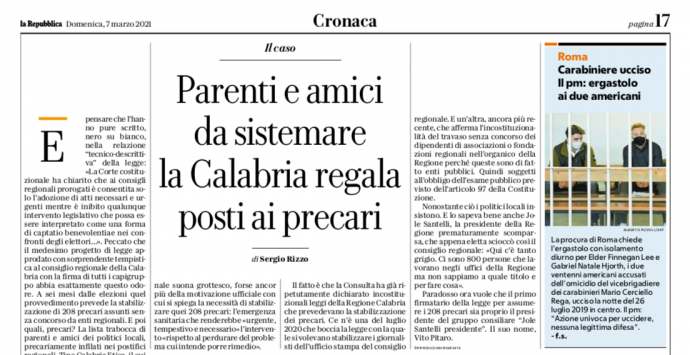Parenti e amici da sistemare alla Regione Calabria, se ne accorge anche la stampa nazionale